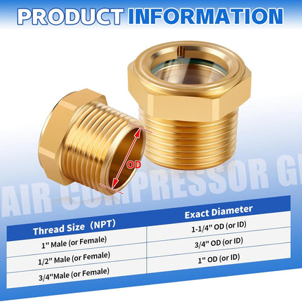 3/4 NPT Air Compressor Oil Sight Glass, Male Hex Head Compresssor Oil Sight Glass, Heavy Duty Solid Brass Oil Sight Glass Liquid Level Gauge Oil Indicator Window for Air Compressor Gearbox Tank
