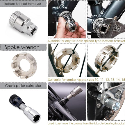Bike Tool Kit,8 Professional Bicycle Repair Tools for Mountain Bike with 3-In-1 Cassette Remover Wrench Crank Puller Extractor Bottom Bracket Freewheel Remover Link Pliers Chain Breaker (8Pcs-Black)