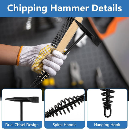 2 Pack Welding Chipping Hammer and Wire Brush Set – 11" Hammer with Coil Spring Handle, Cone and Vertical Chisel and 9.8" Stainless Steel Brush for Slag, Spatter, Residue Removal