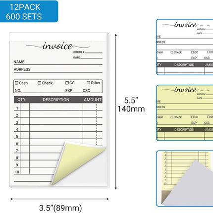 12 Pack Invoice Books for Small Business, 3.5 X 5.5 Inch 2 Part Carbonless Receipt Books, Carbon Duplicate Copy Order Form Book, Convenient Invoice Pads, 50 Sets Each Pad,Total 600 Sets