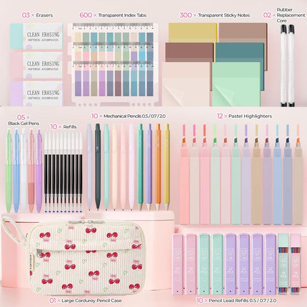 62PCS Aesthetic School Supplies with Corduroy Pencil Case, Pastel Highlighters Gel Pens Mechanical Pencils, Cute College Essentials Set (Cherry)