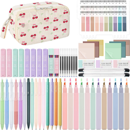 62PCS Aesthetic School Supplies with Corduroy Pencil Case, Pastel Highlighters Gel Pens Mechanical Pencils, Cute College Essentials Set (Cherry)
