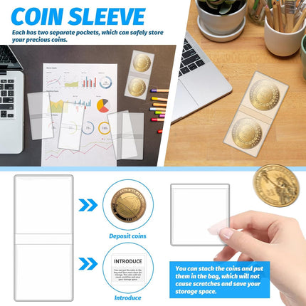 200 Pack Double Pocket Coin Flips, 2X2 Inch Clear Plastic Coin Sleeves for All Coins, Jewelry, Rings Earrings Gemstones Collection Supplies & Protectors (Double Rectangular)
