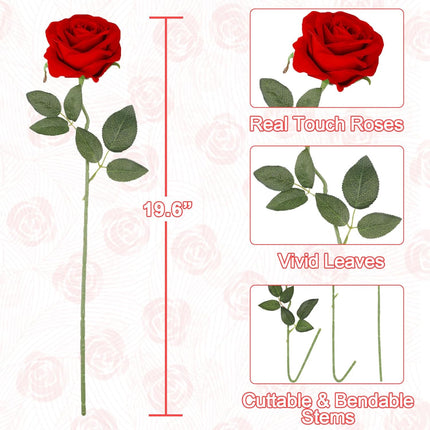 40PCS Red Roses Artificial Flowers - Long Stem Fake Roses Bouquet Silk Red Flowers Artificial Rose for Wedding Centerpiece Home Decor & Valentines Floral Arrangement