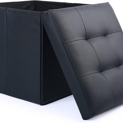 Storage Ottoman, Foldable Foot Rest Stool, 13X12X12 Inches Small Leather Bench with Storage, Holds up to 260 Lb, for Living Room, Bedroom, Dorm, Black
