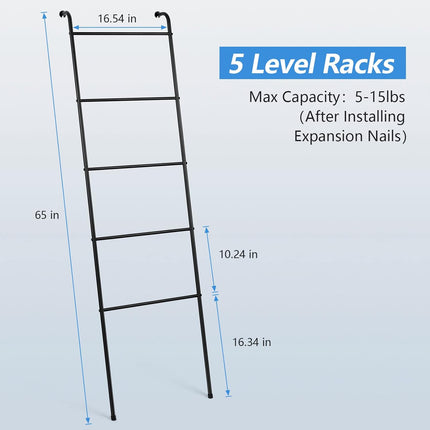 2 Pack Blanket Ladder Bathroom Metal Towel Ladder, 5 Tier Wall Leaning Towel Rack Black Blanket Holder for Living Room Laundry Room Home Decor