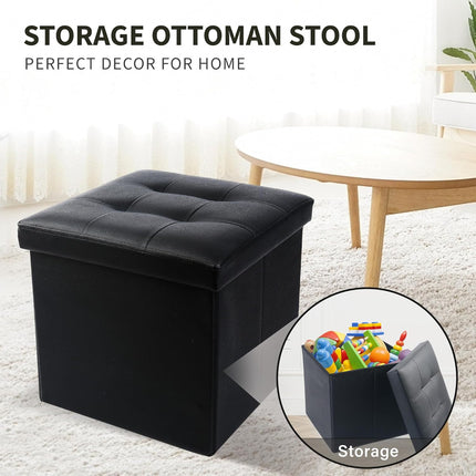 Storage Ottoman, Foldable Foot Rest Stool, 13X12X12 Inches Small Leather Bench with Storage, Holds up to 260 Lb, for Living Room, Bedroom, Dorm, Black