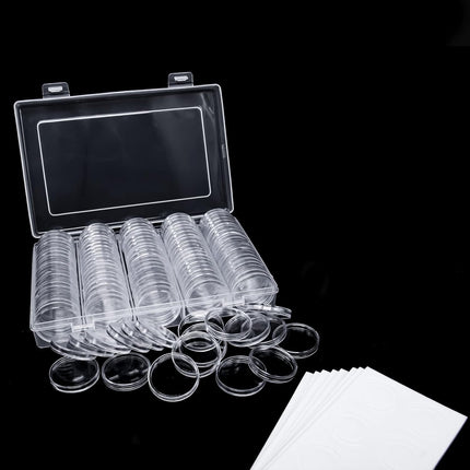 100 Pack 30Mm Coin Capsules with White Protect Gasket and Plastic Storage Organizer Box for Coin Collection Supplies, Clear and round Plastic Capsules, Fits 17/20/25/27/30Mm Size Coins