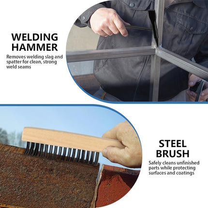 2 Pack Welding Chipping Hammer and Wire Brush Set – 11" Hammer with Coil Spring Handle, Cone and Vertical Chisel and 9.8" Stainless Steel Brush for Slag, Spatter, Residue Removal