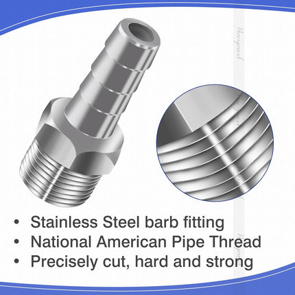 304 Stainless Steel 1/2" Barb Hose to 1/2 NPT Home Brew Pipe Barbed Nipple Fitting. Pack of 4