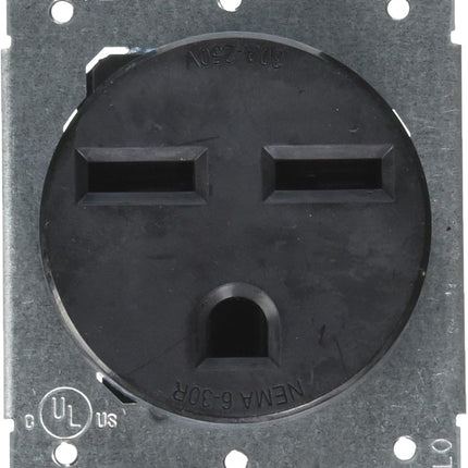 30 Amp, 250V, Nema 6-30R, 2P, 3W, Flush MTG Receptacle, Straight Blade, Industrial Grade, Groundingside Wired, Steel Strap, 5372-S00, Black