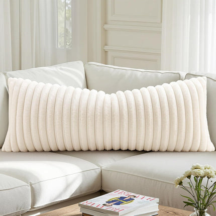 Summer Cozy Faux Fur Throw Pillow Covers 14X36 Pack of 1 Decorative Soft Plush Striped Lumbar Modern Farmhouse Boho Couch Pillow Cases with Velvet Back for Sofa Bed Living Room, Cream White