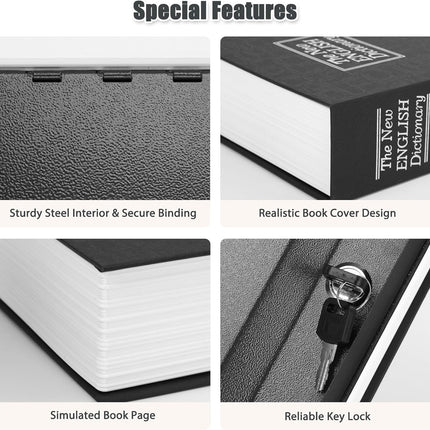 Diversion Book Safe with Key Lock, Secret Safe Metal Lock Box, Money Storage Collection Box, 9.5" X 6.2" X 2.2", Black Large