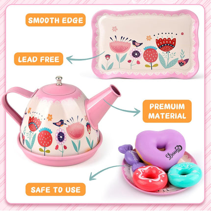 Tea Party Set for Little Girls, Flower Tea Sets Toys for Toddlers Girls Age 3 4 5 6 Year Old, Toddler Kids Kitchen Pretend Play Toys