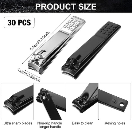 50 Pieces Nail Clipper Set Fingernails and Toenail Bulk Clipper Flat Stainless Steel Nail Cutter for Women Men Thick Nails, Black and Silver