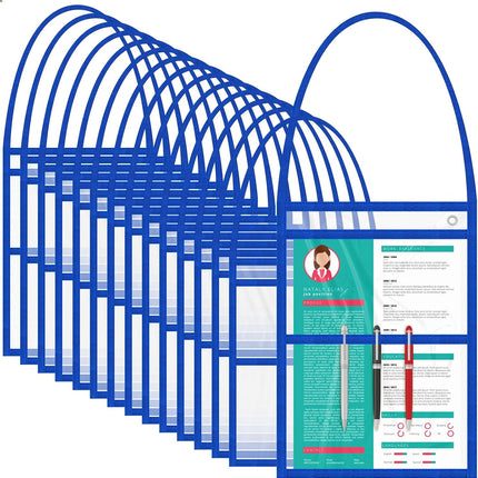15 Job Ticket Holder 9 X 12 Dry Erase Pocket Sleeves Work Order Plastic Sleeves with Hanging Strap Reusable Repair Shop Ticket Holders, Both Sides Clear (Blue)