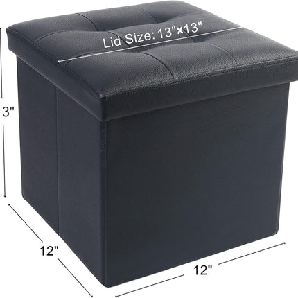 Storage Ottoman, Foldable Foot Rest Stool, 13X12X12 Inches Small Leather Bench with Storage, Holds up to 260 Lb, for Living Room, Bedroom, Dorm, Black