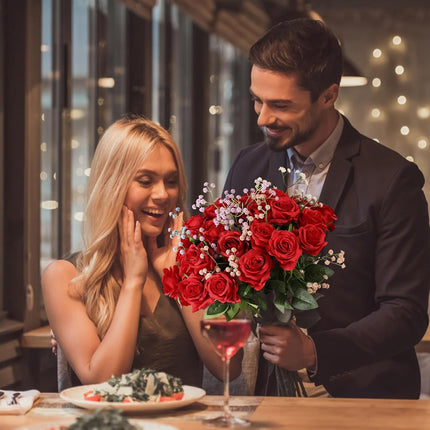 40PCS Red Roses Artificial Flowers - Long Stem Fake Roses Bouquet Silk Red Flowers Artificial Rose for Wedding Centerpiece Home Decor & Valentines Floral Arrangement