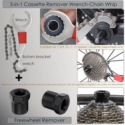 Bike Tool Kit,8 Professional Bicycle Repair Tools for Mountain Bike with 3-In-1 Cassette Remover Wrench Crank Puller Extractor Bottom Bracket Freewheel Remover Link Pliers Chain Breaker (8Pcs-Black)