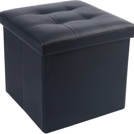 Storage Ottoman, Foldable Foot Rest Stool, 13X12X12 Inches Small Leather Bench with Storage, Holds up to 260 Lb, for Living Room, Bedroom, Dorm, Black
