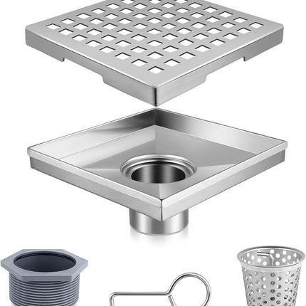 Square Shower Drain, 304 Stainless Steel 4 Inch Shower Floor Bathroom Shower Drain with CUPC Certified, Brushed Nickel 4'' Square Floor Drain, for Bathroom Toilet Washroom Drain Water