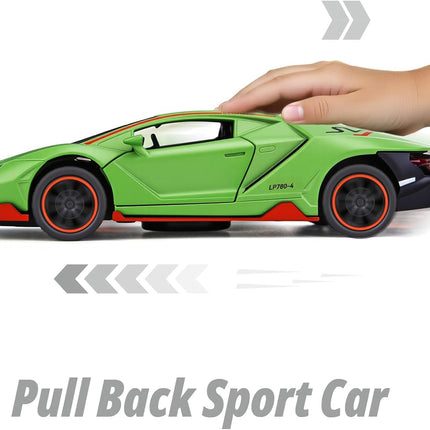 Toy Cars for Boys Age 3-12 1/ Small Diecast Metal Model Car Toys with Light and Sound Pull Back Sport Car for 3+ Years Old Kids Birthday (Green)