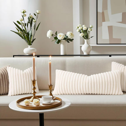 Summer Cozy Faux Fur Throw Pillow Covers 14X36 Pack of 1 Decorative Soft Plush Striped Lumbar Modern Farmhouse Boho Couch Pillow Cases with Velvet Back for Sofa Bed Living Room, Cream White