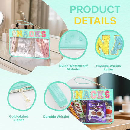 Chenille Letter Clear Zipper Pouch for Travel Preppy Patch Makeup Bag-Nylon Cosmetic Preppy Makeup Waterproof Organizer Bag Set for Women Valentines Bag (LS-SNACKS)