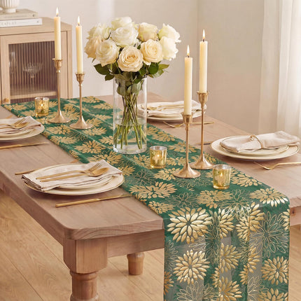 Green Gold Dahlia Flower Gauze Table Runner 120 Inch 10FT, Glitter Metallic Foil Seasonal Sheer Dining Holiday Table Decor for Home Party