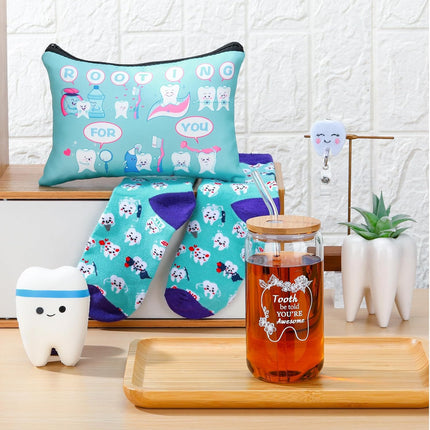 6 Pcs Nurse Week Appreciation Gifts Dentist Hygienist Gifts 16 Oz Glass Cups with Lid Makeup Bag Socks Badge Holder Tooth Brush Pot for Women Doctor Nurse Appreciation Accessories(Blue)