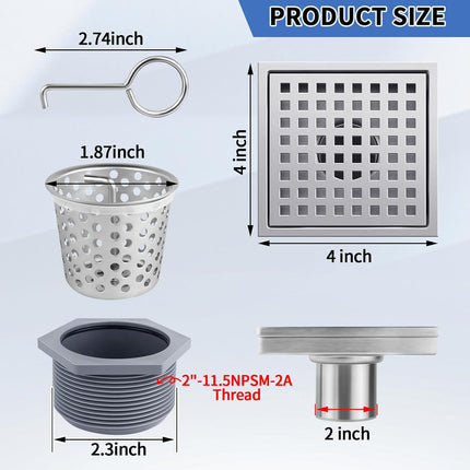 Square Shower Drain, 304 Stainless Steel 4 Inch Shower Floor Bathroom Shower Drain with CUPC Certified, Brushed Nickel 4'' Square Floor Drain, for Bathroom Toilet Washroom Drain Water