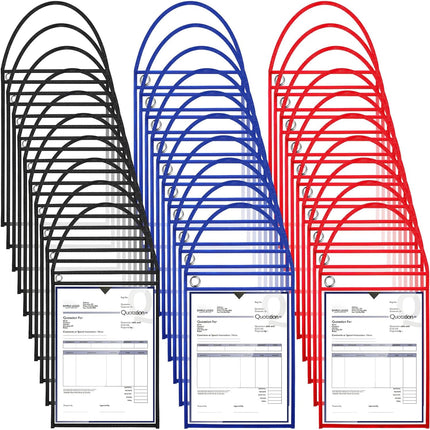 30 Pack Shop Ticket Holders for 9 X 12 Inches Hanging Sleeve Job Ticket Holders with Strap, Both Sides Clear, Black, Red, Blue
