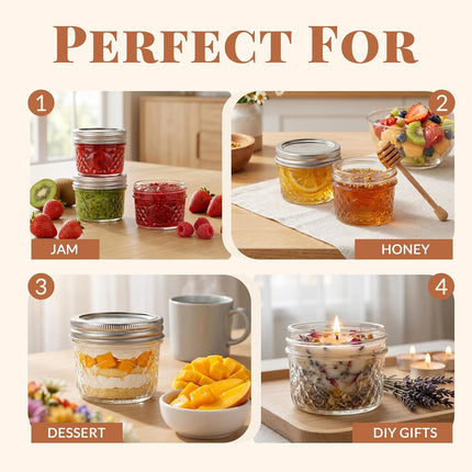 40 Pcs 4Oz Clear Glass Mini Mason Jars with Silver Separable Lids and Diamond Appearance, Small Spice Canning Jars for Honey, Jam, Jelly, Wedding Favors, Kitchen Food Storage