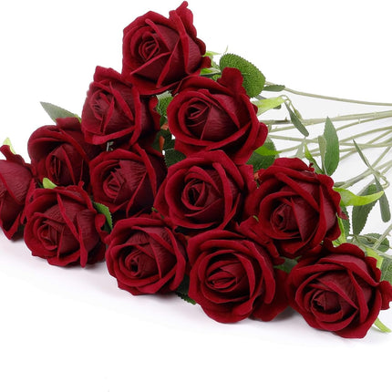 12 Pcs Artificial Rose Flowers, Dark Red Silk Roses with Long Stems, Realistic Fake Roses for Wedding Centerpiece Party Home and Office DIY Decor