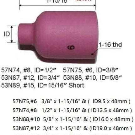 TIG Gas Lens Alumina Nozzle Ceramic Cup Jumbo Large Diameter 53N87 12# 3/4" 53N88 5/8" #10 53N89 15/16" #15 57N74 1/2" #8 57N75 3/8" #6 for SR WP 9 17 18 20 25 26 TIG Welding Torch 10Pcs