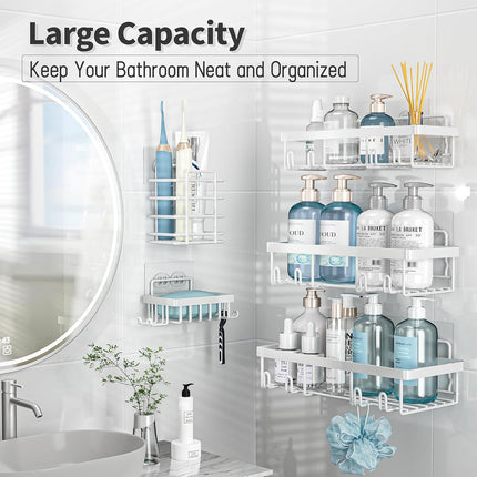 5 Pack Shower Caddy Organizer Rack Shelf for inside Shower, Self Adhesive Wall Storage Basket Rustproof Stainless Steel Shampoo Holder Bathroom Accessory Decor Set, White