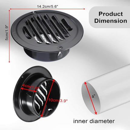 2 PCS 4 Inch Stainless Steel Air Vents round Black Soffit Vent Cover Air Vent Flat Ducting Air Outlet with Built-In Fine Mesh for Kitchen, Bathroom, Garage, Office and Warehouse Ventilation