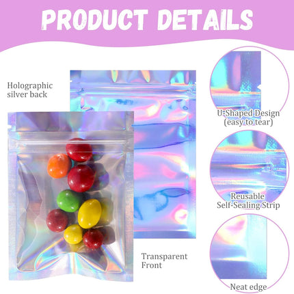 100 Pieces Resealable Foil Proof Bags Scent Proof Flat Pouch Clear Smell Sealable Packing Bags Iridescent for Food Storage Snack Jewelry(3 X 4 Inches,Holographic Color)