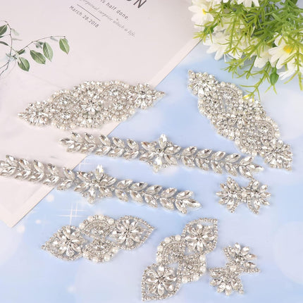 8 Pieces Crystal Rhinestone Appliques Silver Rhinestone Iron on Patch Hot Fix Applique for Bridal Wedding Dress Clothes Sash Crystal Belt DIY Sewing Appliques for Shoes