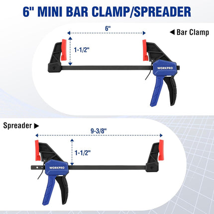 6" Mini Bar Clamps for Woodworking, One-Handed Clamp/Spreader, Wood Clamps Set, Screw Change F Clamps with 50LBS Load Limit, 4 Pack