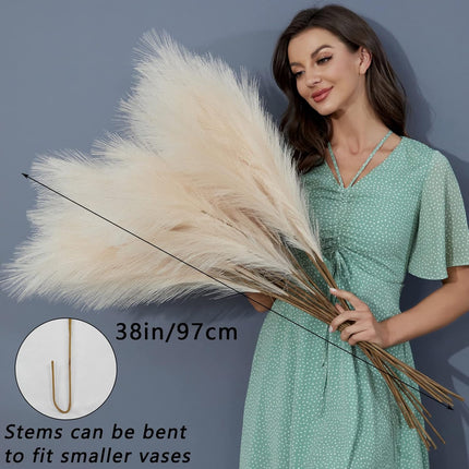 8 PCS Faux Pampas Grass Decor 38"/3.1FT Tall Fake Pompas Floral Large Artificial Pompous Grass Branches Plants for Floor Vase Filler Home Boho Decoration (Cream/Beige)
