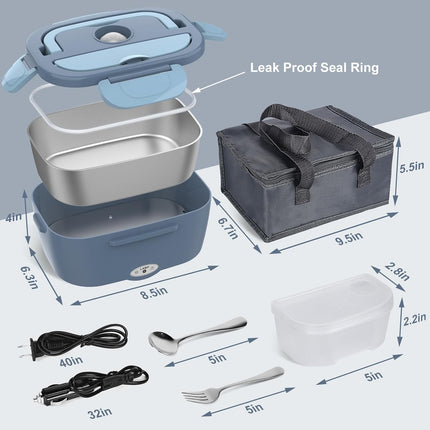 Electric Lunch Box Food Heater, Electric Heating Lunch Boxes Lunch for Adults/Men/Truck/Car/Work, 80W 1.5L Removable 304 Stainless Steel Container, 110V/12V/24V, with Fork & Spoon