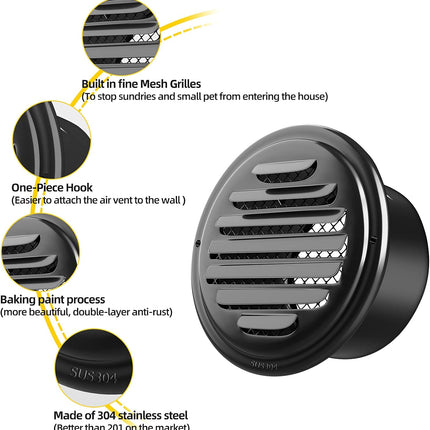 3Inch-2Pcs 304 Stainless Steel round Air Vents Cover,  Louvered Grille Cover Vent Flat Ducting Air Vent Wall Inlet with Built-In a Fly Screen Mesh for HVAC Ventilation (3Inch-2Pcs)