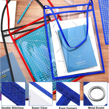 30 Pack Shop Ticket Holders for 9 X 12 Inches Hanging Sleeve Job Ticket Holders with Strap, Both Sides Clear, Black, Red, Blue