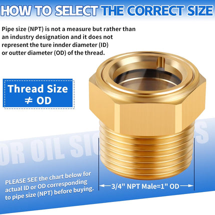 3/4 NPT Air Compressor Oil Sight Glass, Male Hex Head Compresssor Oil Sight Glass, Heavy Duty Solid Brass Oil Sight Glass Liquid Level Gauge Oil Indicator Window for Air Compressor Gearbox Tank