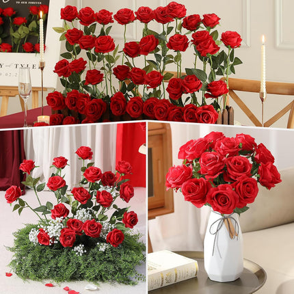 40PCS Red Roses Artificial Flowers - Long Stem Fake Roses Bouquet Silk Red Flowers Artificial Rose for Wedding Centerpiece Home Decor & Valentines Floral Arrangement