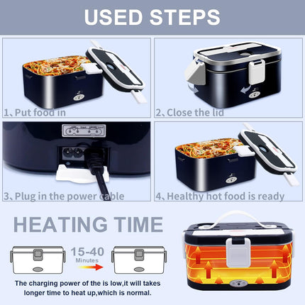 80W Fast Heating Electric Lunch Box for Men Gift-1.8L Large-Capacity Portable Food Heater for Adults-Leakproof 3-In-1 Heated Food Warmer for Car/Work with SS Fork&Spoon and Carry Bag