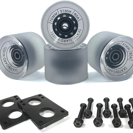 70Mm Longboard Wheels 80A Contains ABEC-9 Bearings and Spacers,Skateboard Riser Pads,Skateboard Hardware Screws Bolts,Fit for Your Longboard Skateboards.-Transparent Frosted