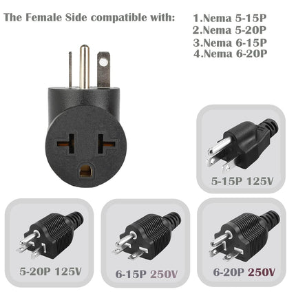 Angled 4 in 1 NEMA 5-20P Power Adapter,  NEMA 5-20P to 5-15R, 5-20R, 6-15R, 6-20R Double T-Blade Receptacle, Downward Angled Power Adapter