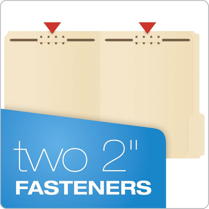 Fastener File Folders, 2 Fasteners, Pockets with Prongs, File Organizers for School, Home and Office, Letter Size, Manila, 1/3 Cut Tabs, in Left, Right, Center Positions, 50 per Box (FM213)